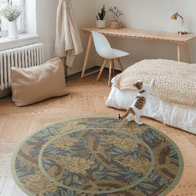 Okrúhly vinylový koberec Vtáky, kvety a listy vintage