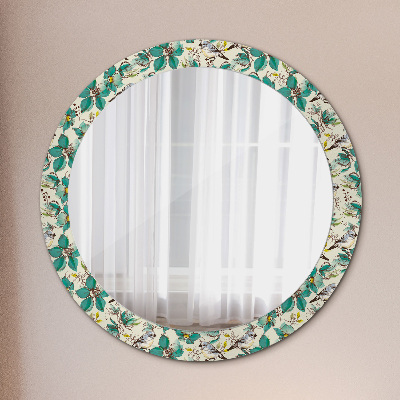 Kulaté zrcadlo tištěný rám Květiny a ptáci
