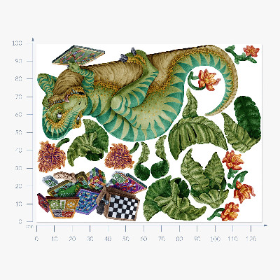 Samolepky na stenu 100x127 Dinosaurus v kreslenom štýle s listami a kvetmi