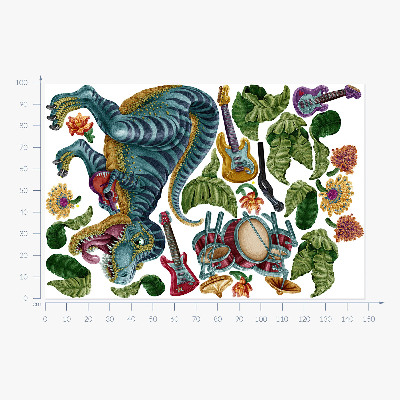 Samolepky na stenu 100x148 Hudobný kreslený dinosaurus s nástrojmi