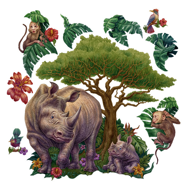 Samolepky na stenu 100x108 Divoké zvieratá a safari vegetácia v kresbách