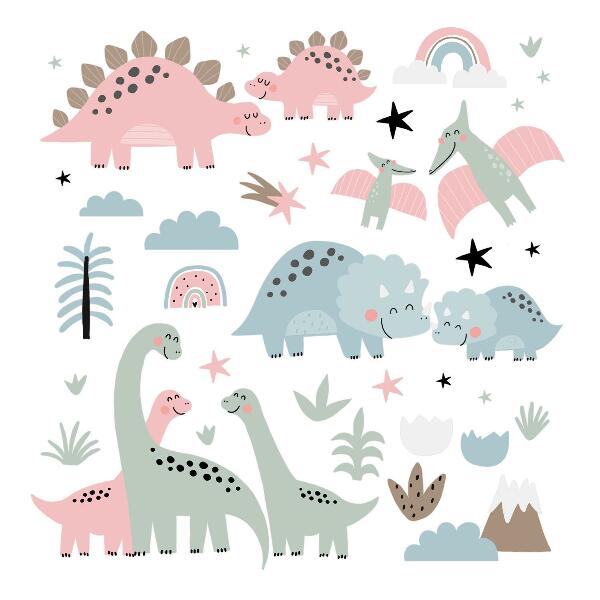 Samolepky na stenu 100x148 Dinosaury v prostredí pastelovej vegetácie
