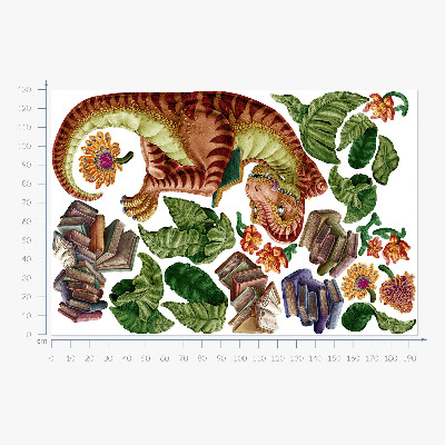 Samolepky na stenu 130x194 Červený dinosaurus s kresbami a vegetáciou
