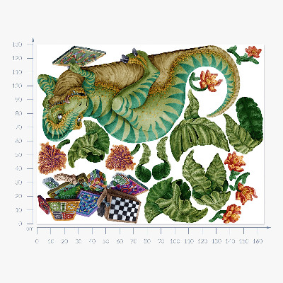 Samolepky na stenu 130x165 Dinosaurus v kreslenom štýle s listami a kvetmi