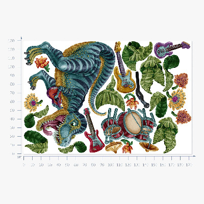 Samolepky na stenu 130x193 Hudobný kreslený dinosaurus s nástrojmi