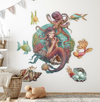 Samolepky na stenu 130x145 Morská panna vyrobená z mušlí v kreslenom štýle