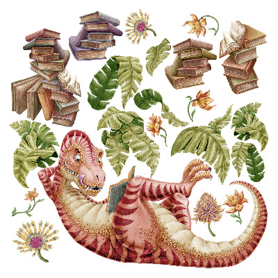 Samolepky na stenu 130x194 Červený dinosaurus s kresbami a kvetmi