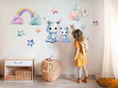 Samolepky na stenu 60x80 Zajačiky na pastelovej oblohe s dúhou a hviezdami