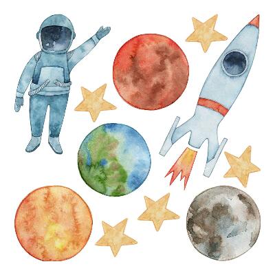 Samolepky na stenu 60x107 Vesmírne planéty s astronautom a akvarelovou raketou