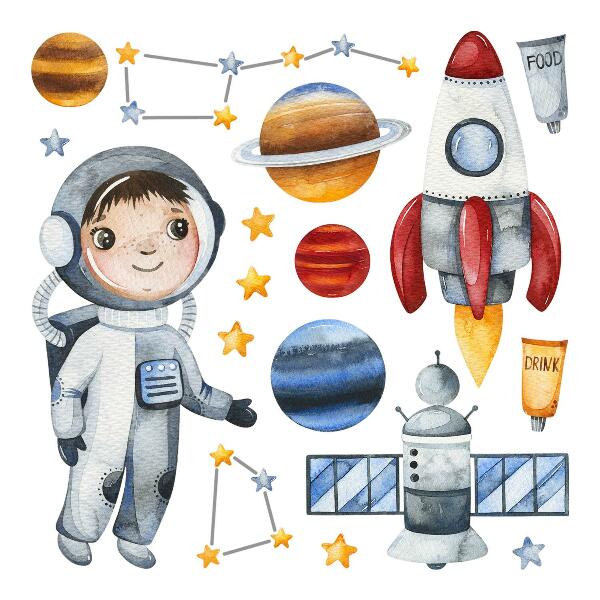Samolepky na stenu 60x80 Vesmírna cesta malého astronauta v akvarele