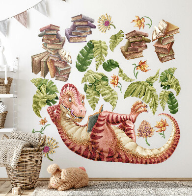 Samolepky na stenu 60x90 Červený dinosaurus s kresbami a kvetmi