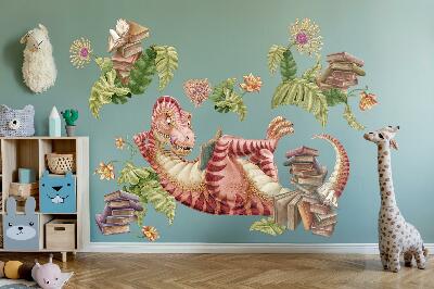 Samolepky na stenu 60x90 Červený dinosaurus s kresbami a kvetmi