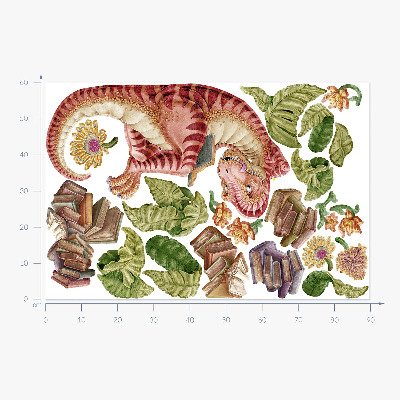 Samolepky na stenu 60x90 Červený dinosaurus s kresbami a kvetmi