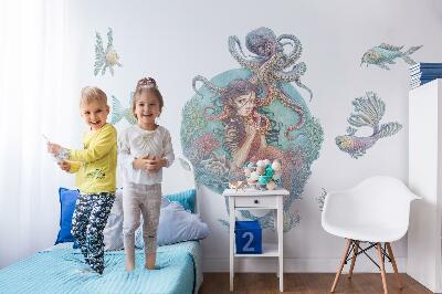 Samolepky na stenu 60x67 Morská panna v pastelovom kreslenom štýle