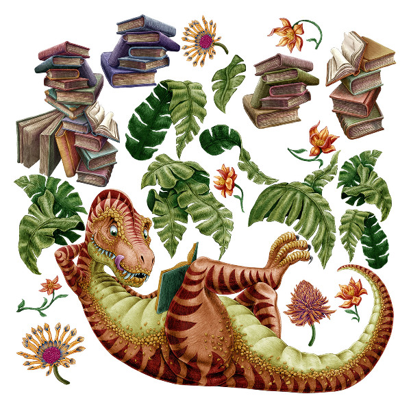 Samolepky na stenu 80x119 Červený dinosaurus s kresbami a vegetáciou