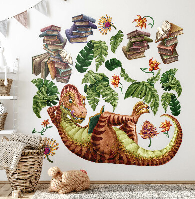 Samolepky na stenu 80x119 Červený dinosaurus s kresbami a vegetáciou