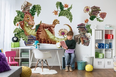 Samolepky na stenu 80x119 Červený dinosaurus s kresbami a vegetáciou