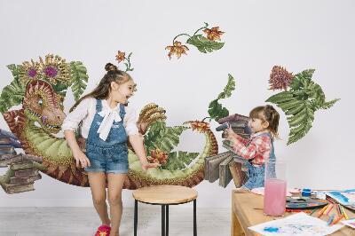 Samolepky na stenu 80x119 Červený dinosaurus s kresbami a vegetáciou