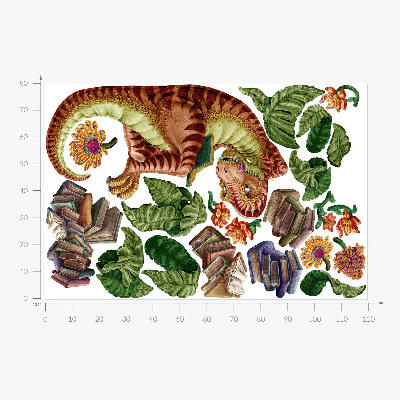 Samolepky na stenu 80x119 Červený dinosaurus s kresbami a vegetáciou