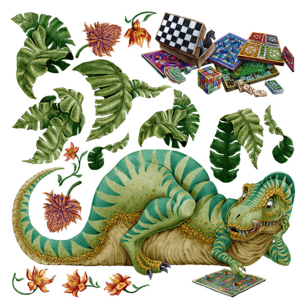 Samolepky na stenu 80x102 Dinosaurus v kreslenom štýle s listami a kvetmi