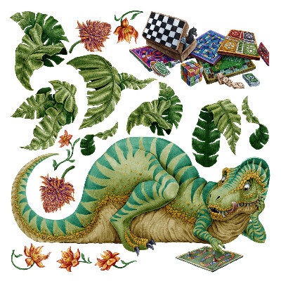 Samolepky na stenu 80x102 Dinosaurus v kreslenom štýle s listami a kvetmi