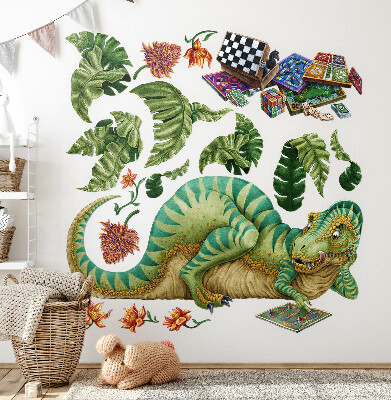 Samolepky na stenu 80x102 Dinosaurus v kreslenom štýle s listami a kvetmi