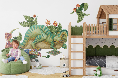 Samolepky na stenu 80x102 Dinosaurus v kreslenom štýle s listami a kvetmi