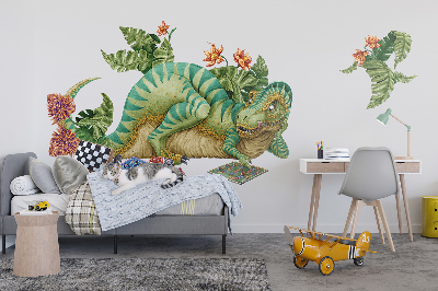 Samolepky na stenu 80x102 Dinosaurus v kreslenom štýle s listami a kvetmi