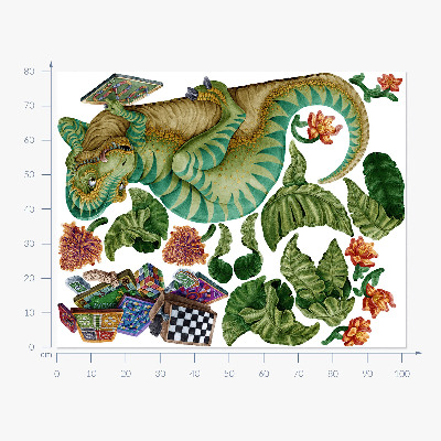 Samolepky na stenu 80x102 Dinosaurus v kreslenom štýle s listami a kvetmi