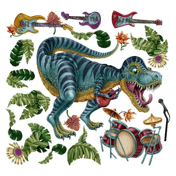 Samolepky na stenu 80x119 Hudobný kreslený dinosaurus s nástrojmi