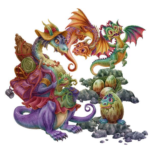 Samolepky na stenu 80x97 Farebná draci rozprávková rodinka v ilustračnom štýle