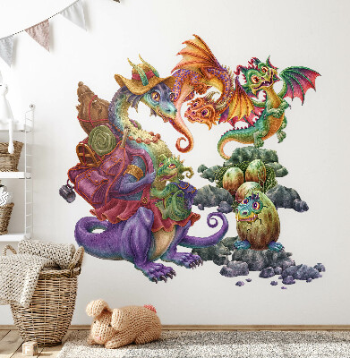 Samolepky na stenu 80x97 Farebná draci rozprávková rodinka v ilustračnom štýle