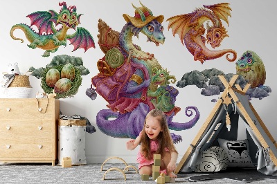Samolepky na stenu 80x97 Farebná draci rozprávková rodinka v ilustračnom štýle