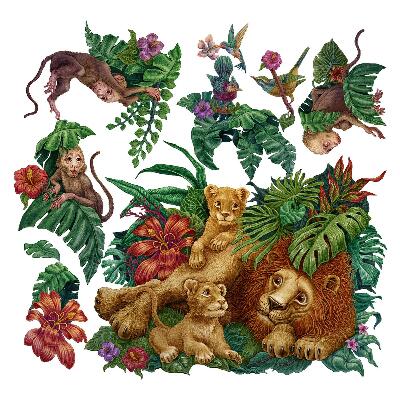 Samolepky na stenu 80x126 Safari exotické zvieratá v kreslenom štýle tropickej džungle