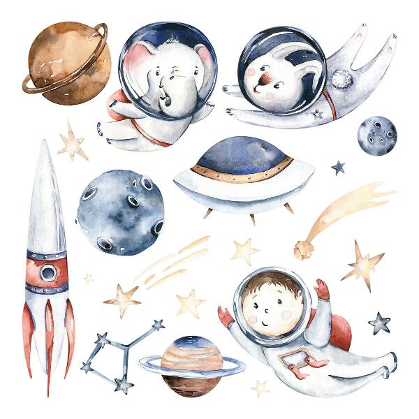 Samolepky na stenu 80x137 Malí astronauti v pastelovom priestore