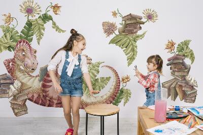 Samolepky na stenu 80x119 Červený dinosaurus s kresbami a kvetmi
