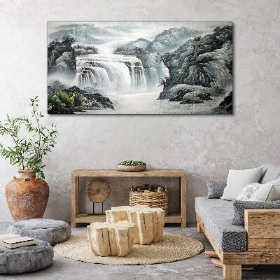 Obraz canvas Horská rieka vodopád kríky