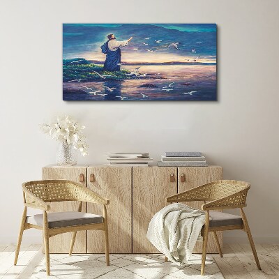 Obraz canvas Ježiš na brehu s vtákmi