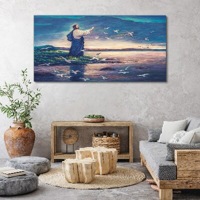 Obraz canvas Ježiš na brehu s vtákmi