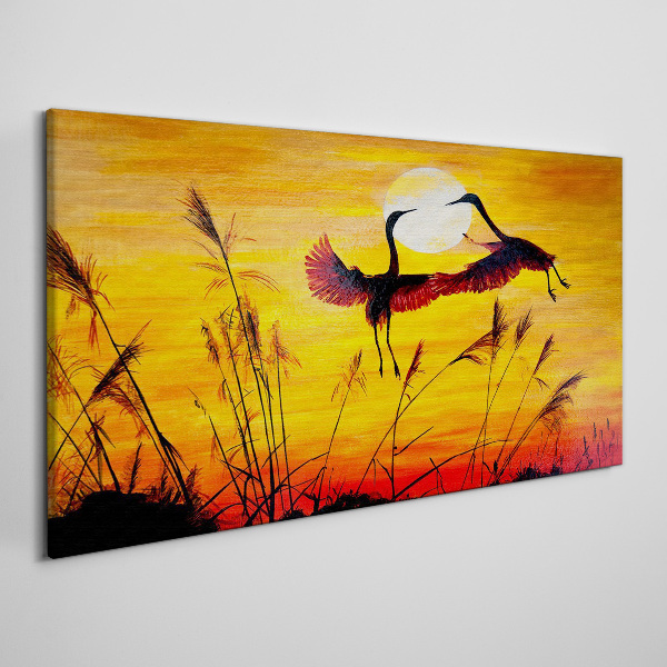 Obraz canvas Tancujúce žeriavy pri západe slnka
