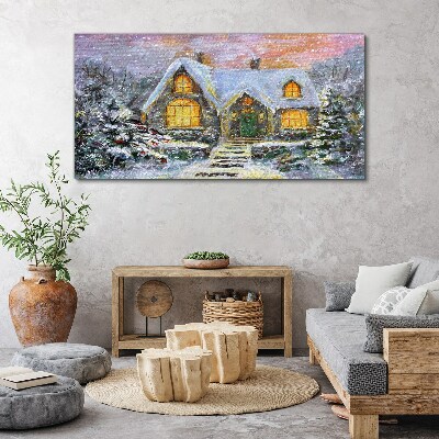 Obraz canvas Zimná krajina s domom v lese