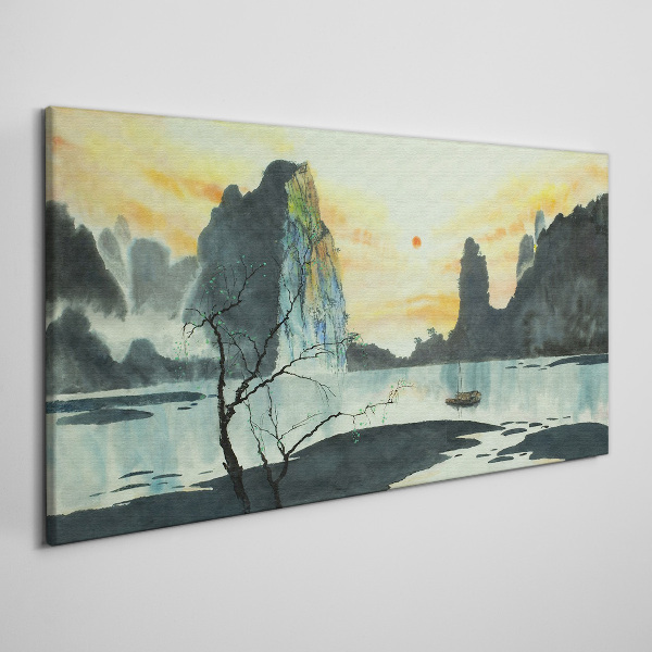 Obraz Canvas Pokojná krajina s horou a loďou