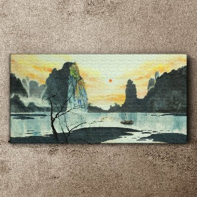 Obraz Canvas Pokojná krajina s horou a loďou