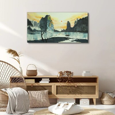 Obraz Canvas Pokojná krajina s horou a loďou