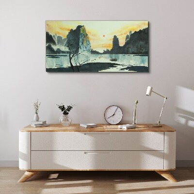 Obraz Canvas Pokojná krajina s horou a loďou