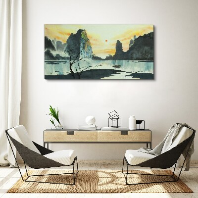 Obraz Canvas Pokojná krajina s horou a loďou