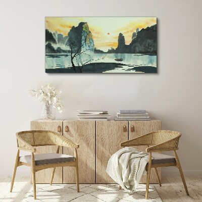 Obraz Canvas Pokojná krajina s horou a loďou