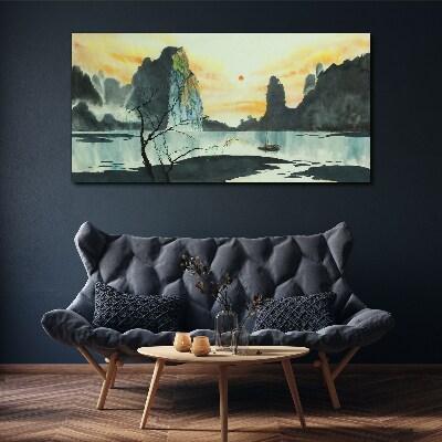 Obraz Canvas Pokojná krajina s horou a loďou