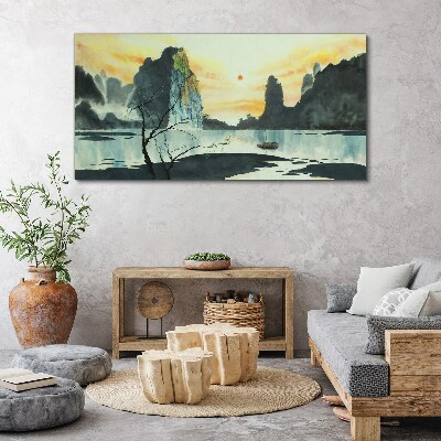 Obraz Canvas Pokojná krajina s horou a loďou