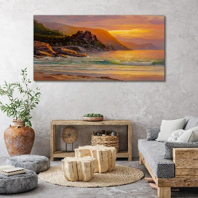 Obraz canvas Západ slnka nad horským pobrežím